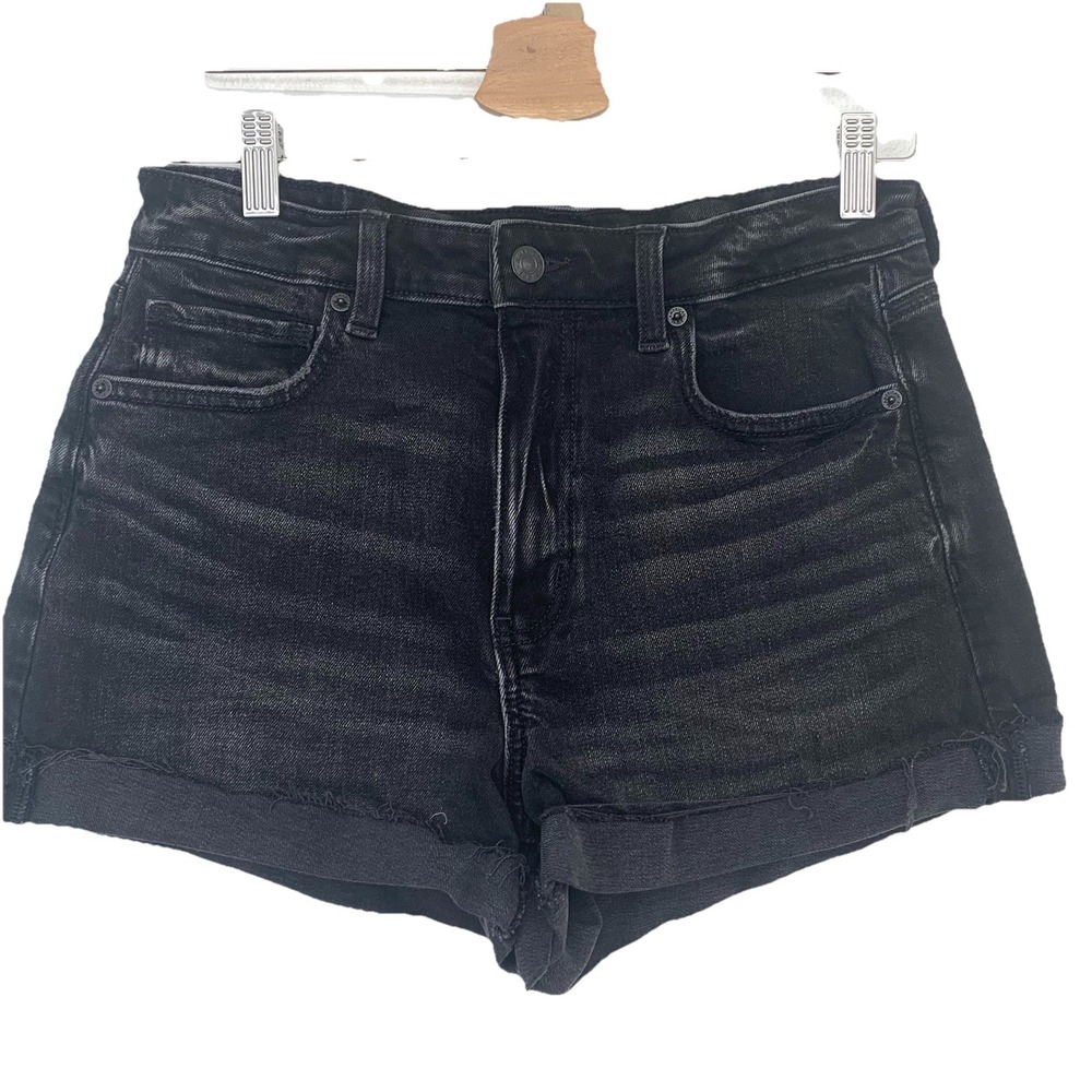 American Eagle Black Denim Cut Off Mom Short Woman 6  Stretch‎ Pockets Mid Rise